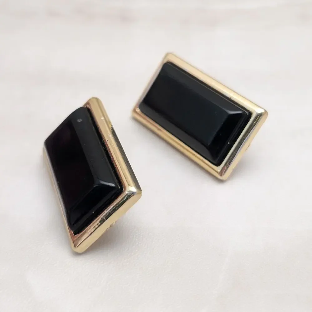 Vintage Clip On Earrings 1.75" Black with Gold Tone Halo Large - Fair Condition_3